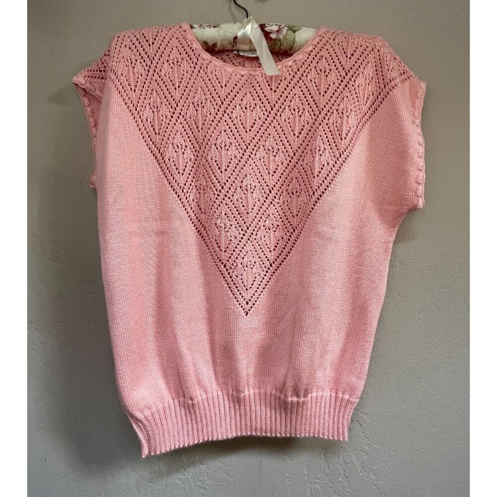 Vintage T. R. Bentley Short Sleeve Embroidered Knit Sweater Pullover Pink Beachy - Picture 1 of 8